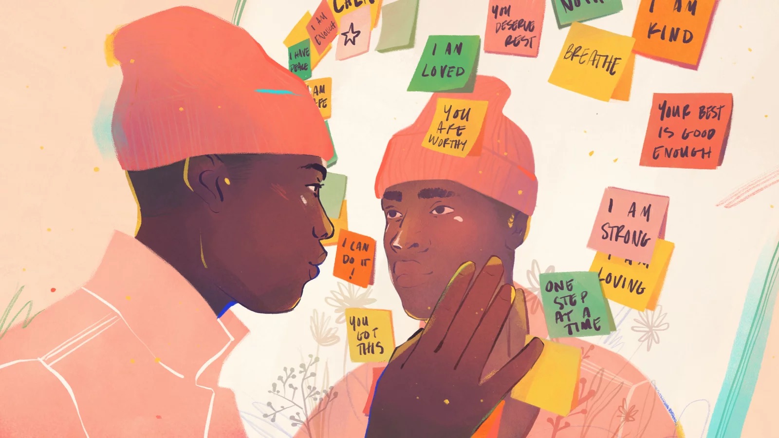 man looking at himself with post it notes all arounf
